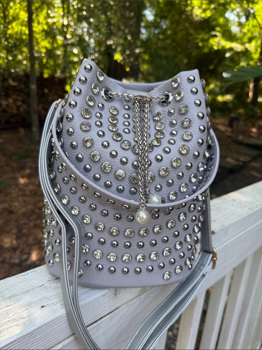 Studded Bucket Crossbody Bag in Light Gray